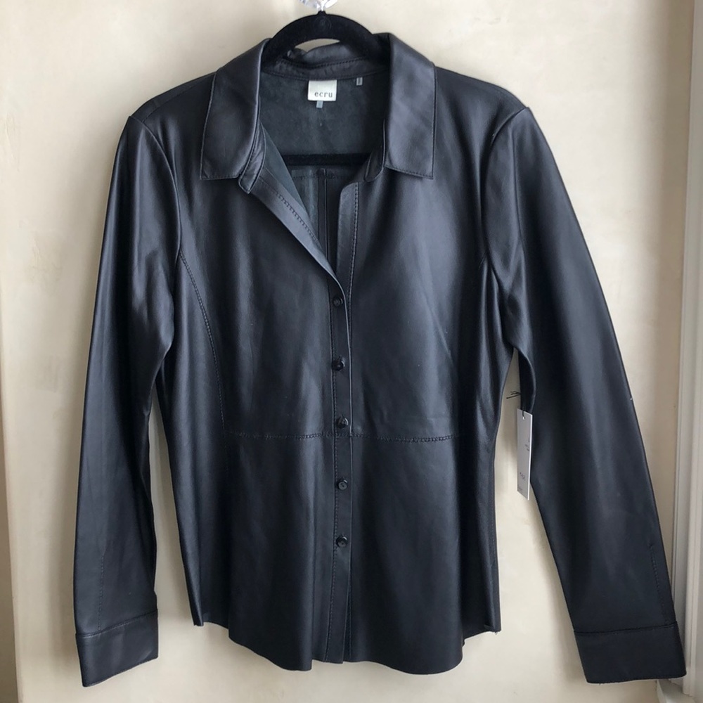 Ecru Black Leather Button Down Shirt